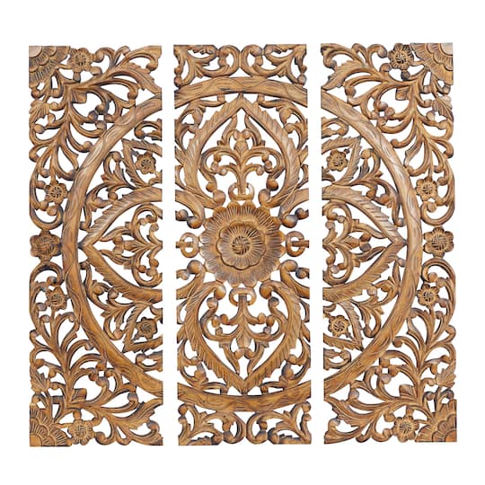 36" Brown Wood Traditional Floral Wall Décor Set